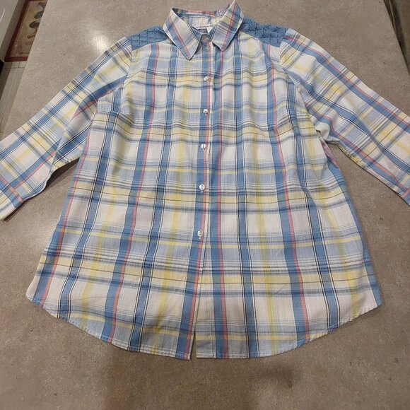 ALLISON DALEY Women's Blue Mix Plaid Button Down Shirt w/Lace Yoke - Size 14 - Picture 3 of 12